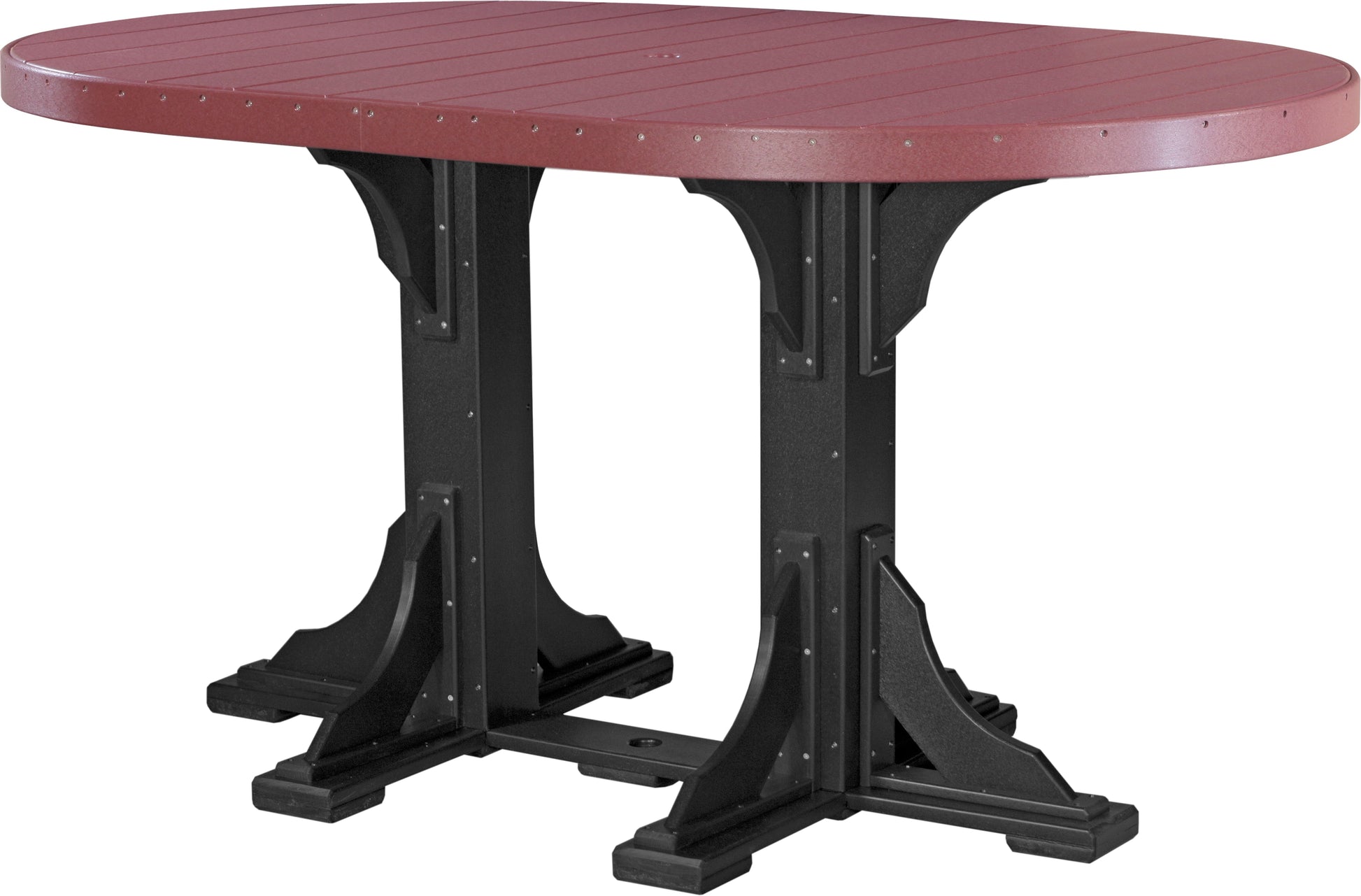 LuxCraft Outdoor Bar Table for 6 in cherrywood & black finish with a double pedestal base.