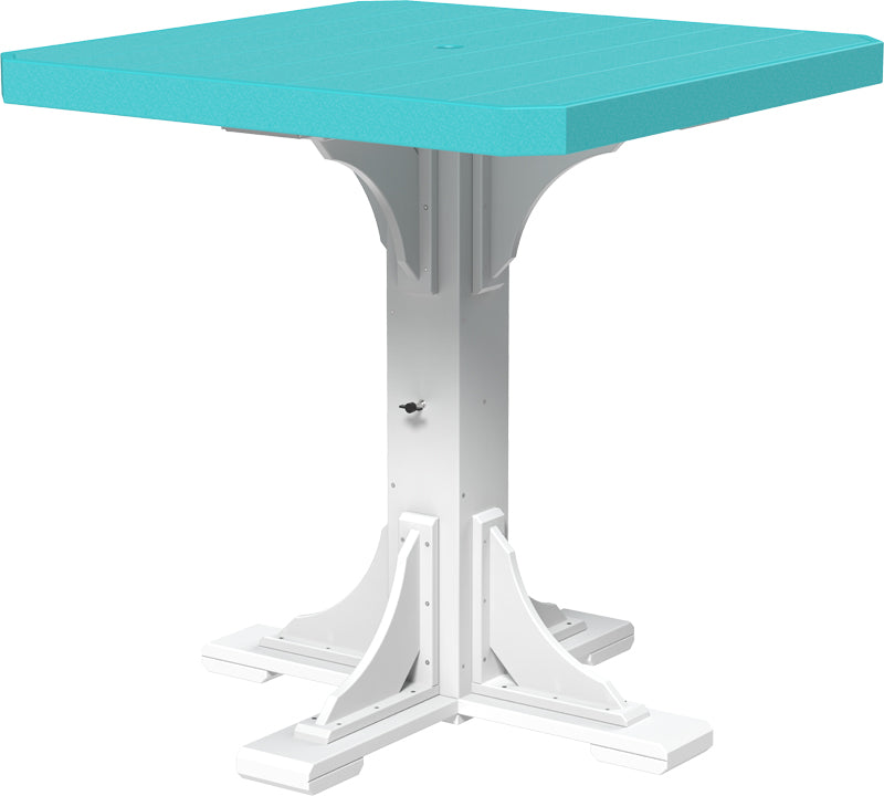  Aruba blue and white compact bar table with a pedestal base, ideal for colorful patio setups.