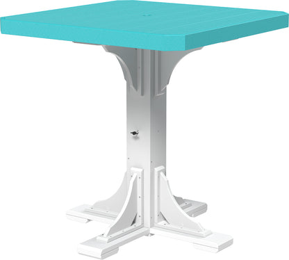  Aruba blue and white compact bar table with a pedestal base, ideal for colorful patio setups.