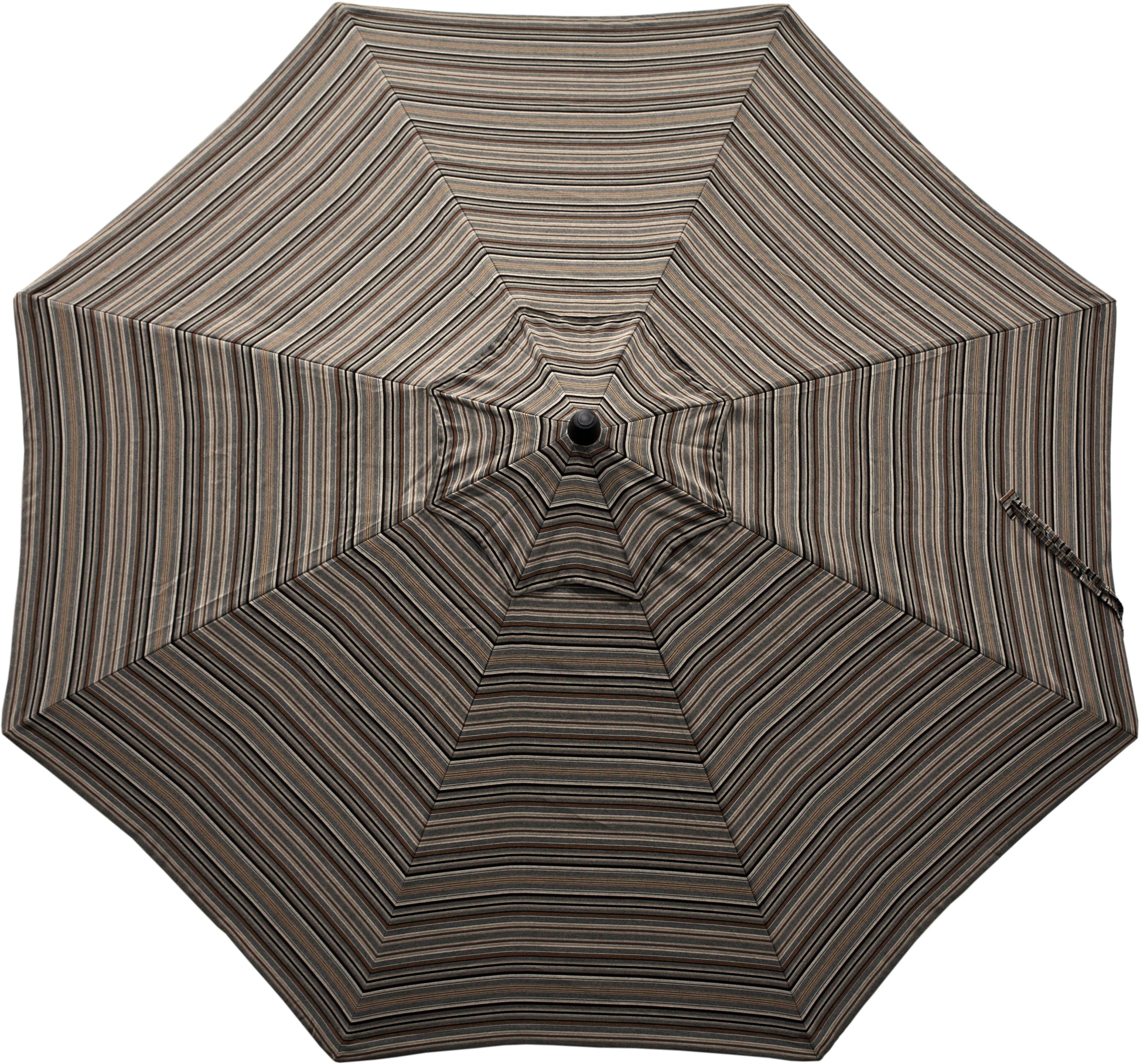 Cultivate Stone 9' outdoor umbrella with neutral stone-colored stripes, top view.