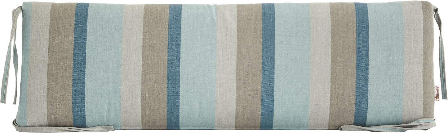 Striped dining bench cushion in Gateway Mist featuring light blue, gray, and beige tones.