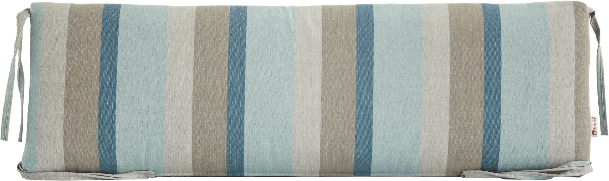 Striped dining bench cushion in Gateway Mist featuring light blue, gray, and beige tones.