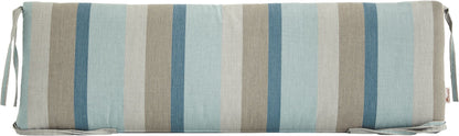 Striped dining bench cushion in Gateway Mist featuring light blue, gray, and beige tones.