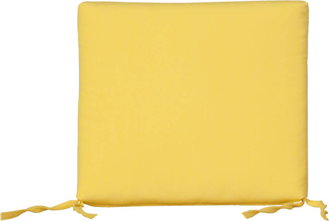 Solid buttercup yellow Sunbrella® dining chair cushion with tie straps, perfect for indoor and outdoor use.