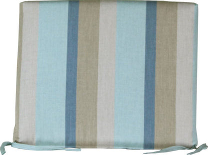 Dining chair seat cushion in gateway mist with vertical stripes in soft blue, beige, and teal tones, featuring tie-down straps.
