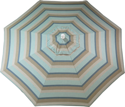 Gateway Mist 9' outdoor umbrella featuring misty blue and neutral brown stripes, top view.