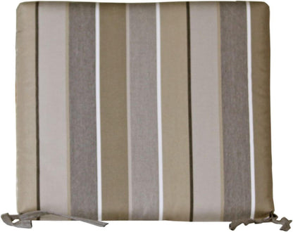 Milano charcoal striped outdoor dining chair cushion with shades of black and gray, featuring tie strings.