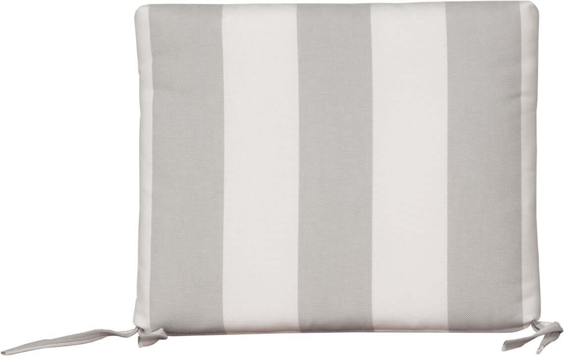 Solana Seagull outdoor dining chair cushion with subtle grey and cool white stripes, featuring tie-down strings.