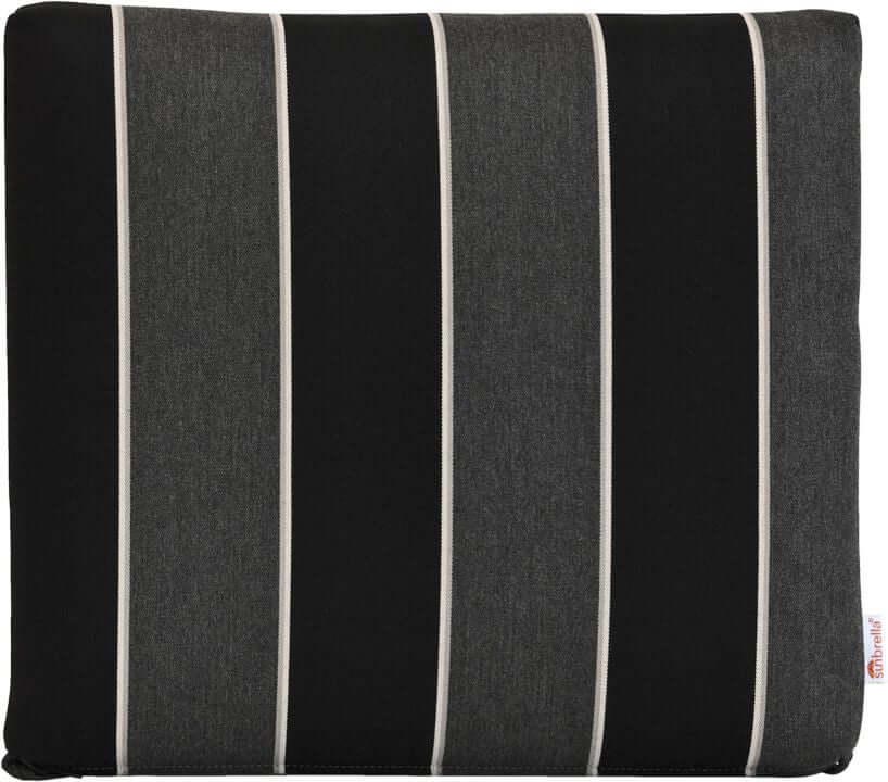 Peyton Granite outdoor dining cushion with alternating charcoal gray and light white stripes and tie-down strings.