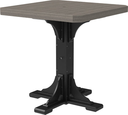 Coastal gray and black outdoor square bar table with a pedestal base for patio dining.