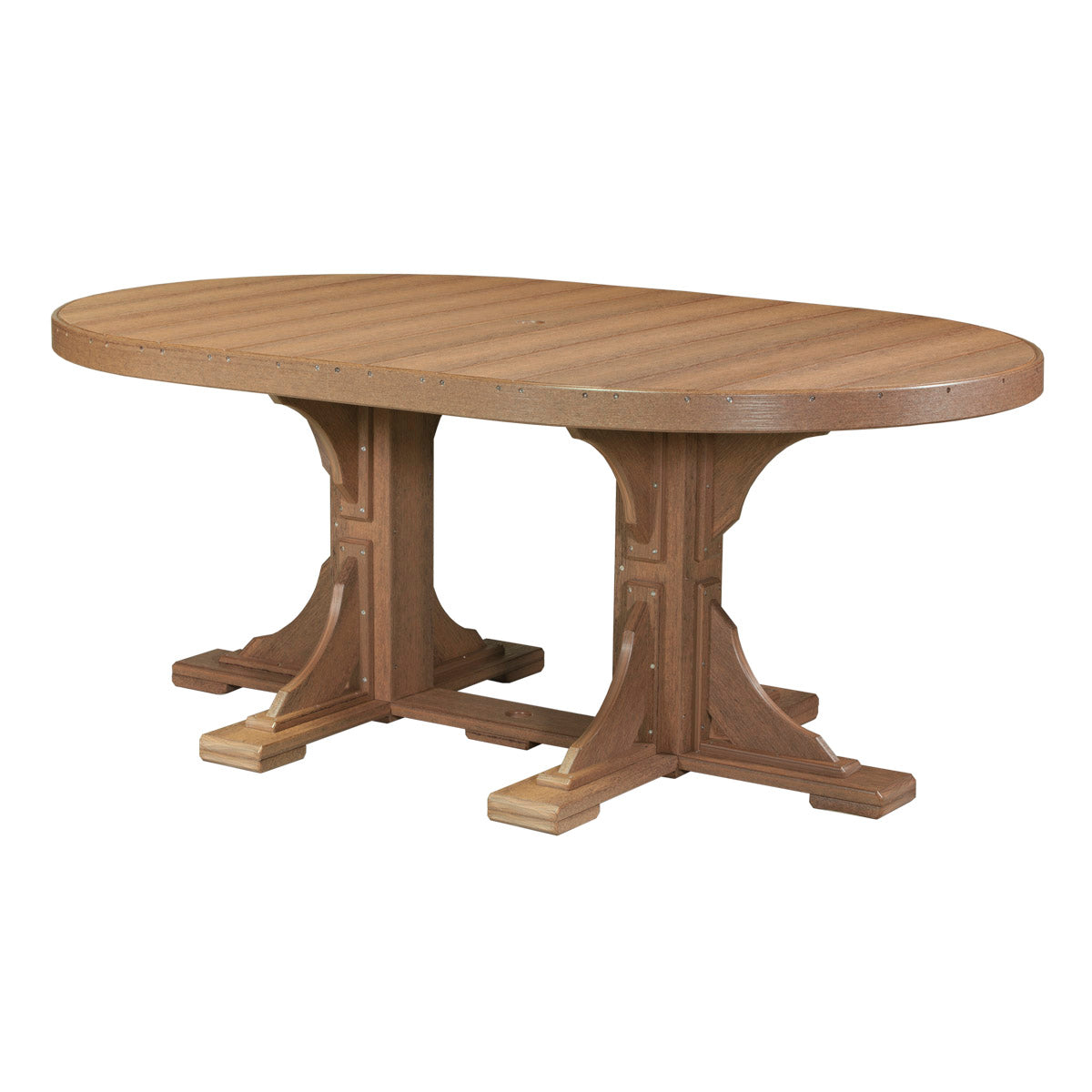 LuxCraft 4' x 6' oval table in Antique Mahogany with a black base, ideal for outdoor dining.