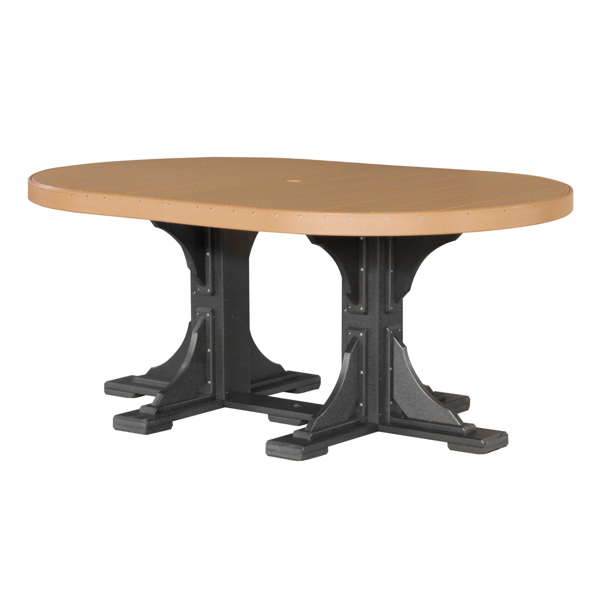  Cedar and black 4' x 6' LuxCraft poly oval table with dual pedestal base.