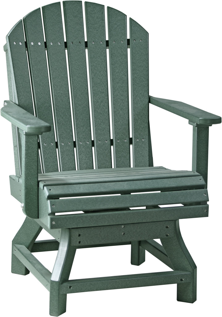 Green poly Adirondack swivel chair, dining height, perfect for outdoor relaxation with its classic slatted design.