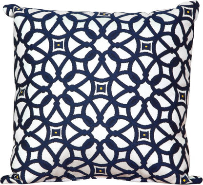 Navy and white patterned LuxCraft 15” outdoor toss pillow in Luxe Indigo, featuring Sunbrella® fabric for outdoor durability and UV protection.