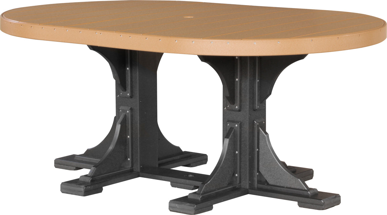 Classic LuxCraft 4' x 6' Oval Outdoor Dining Table with cedar top and black base, built for outdoor dining comfort.