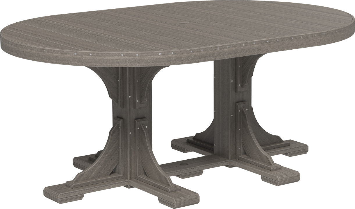 LuxCraft Poly 4' x 6' Oval Outdoor Dining Table in Coastal Gray with double pedestal base.