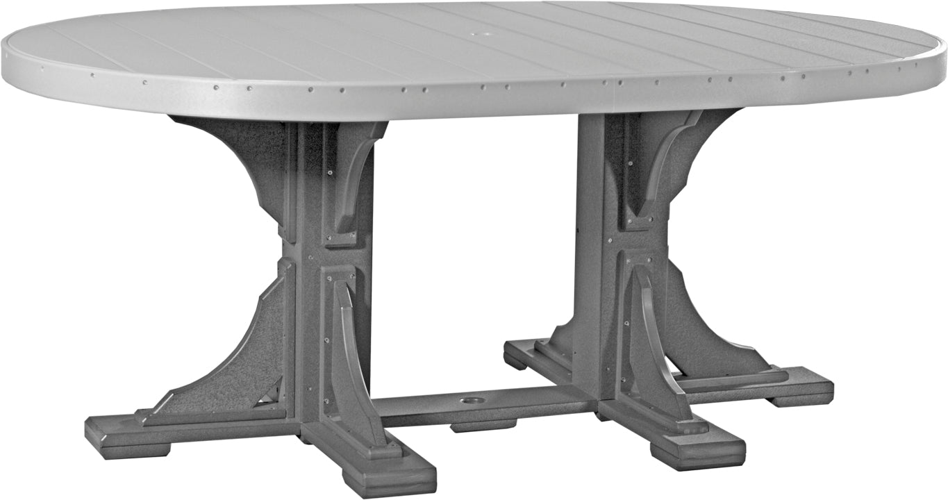 LuxCraft 4x6 oval outdoor dining table in dove gray with slate base, ideal for contemporary outdoor spaces.