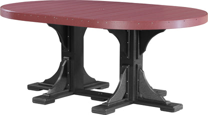 LuxCraft 4x6 oval patio dining table in cherrywood with black base.