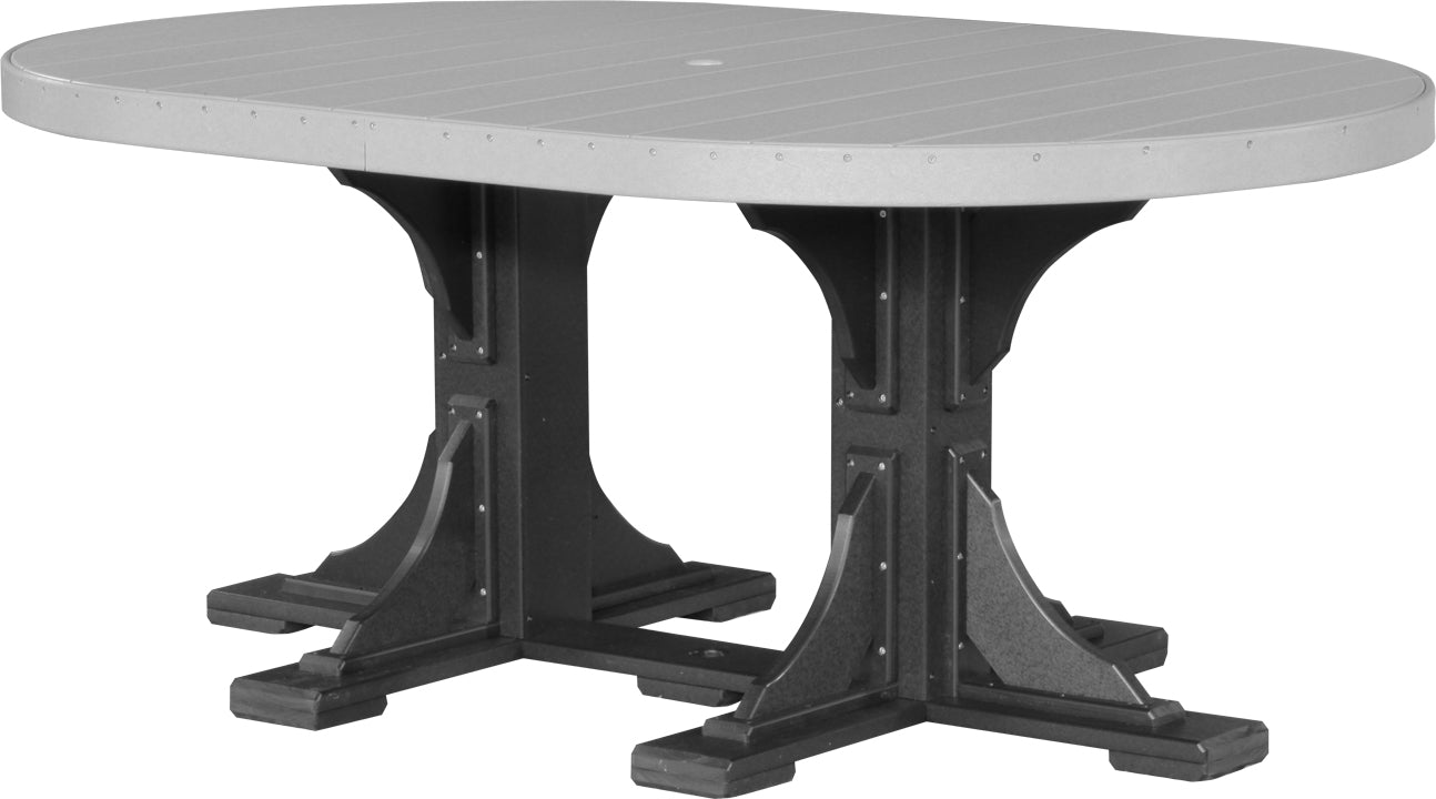 LuxCraft 4x6 oval patio dining table in dove gray with a durable black base, designed for patio use.