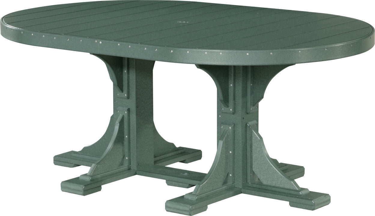 LuxCraft 4x6 oval patio dining table in rich green, a sustainable choice for garden dining areas.