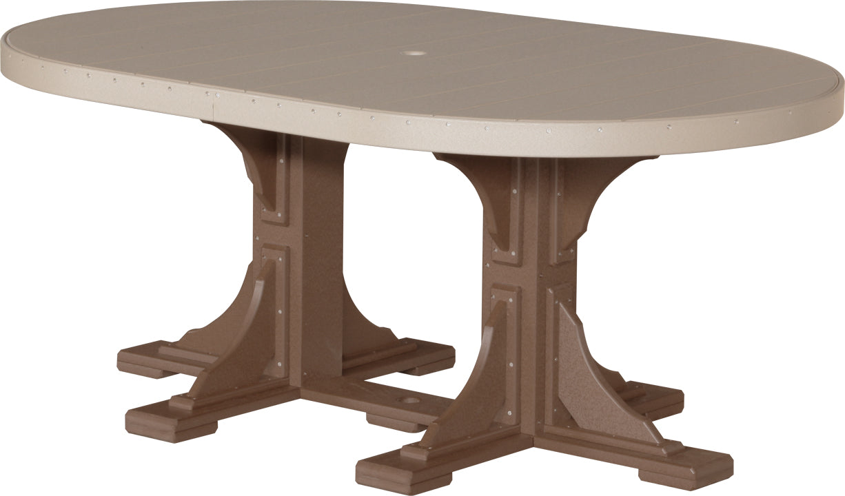 LuxCraft 4x6 oval patio dining table in weatherwood with chestnut brown legs, an elegant and eco-friendly outdoor table.