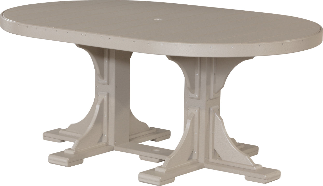 LuxCraft 4x6 oval patio dining table in weatherwood finish, offering a rustic outdoor dining solution.