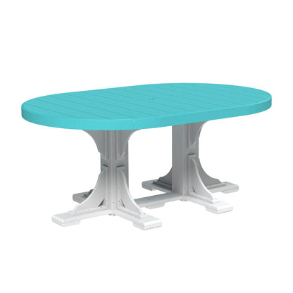 LuxCraft 4x6 oval poly dining table in Aruba Blue and white, perfect for stylish outdoor dining.