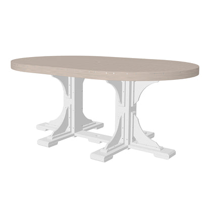 LuxCraft 4x6 oval poly dining table in birch and white, ideal for patio dining and outdoor gatherings.