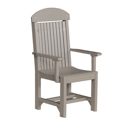 LuxCraft regular chair with weatherwood slats and chestnut brown frame, featuring a high back and armrests, suitable for outdoor use.