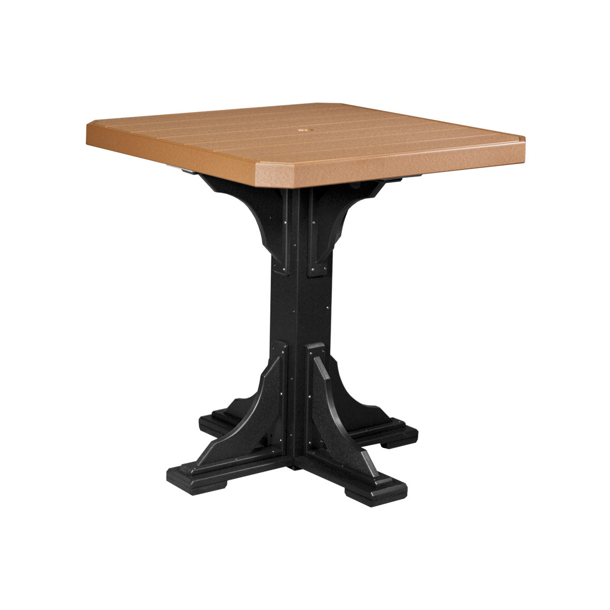 LuxCraft 41-inch square patio table in cedar and black with pedestal base