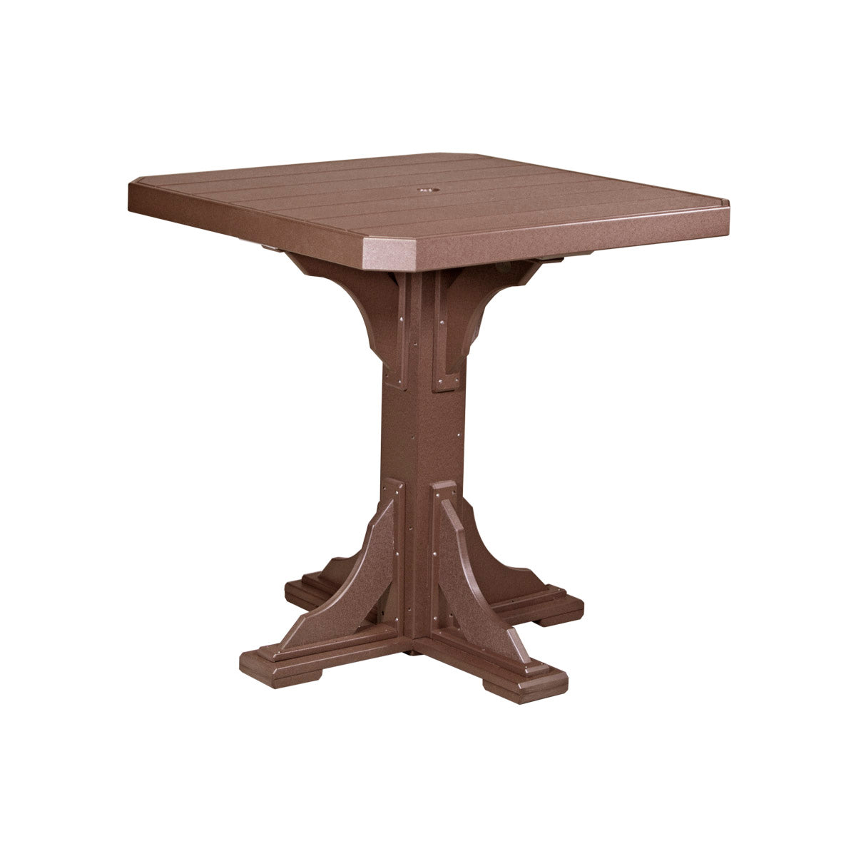 LuxCraft 41-inch square patio table in chestnut brown with pedestal base