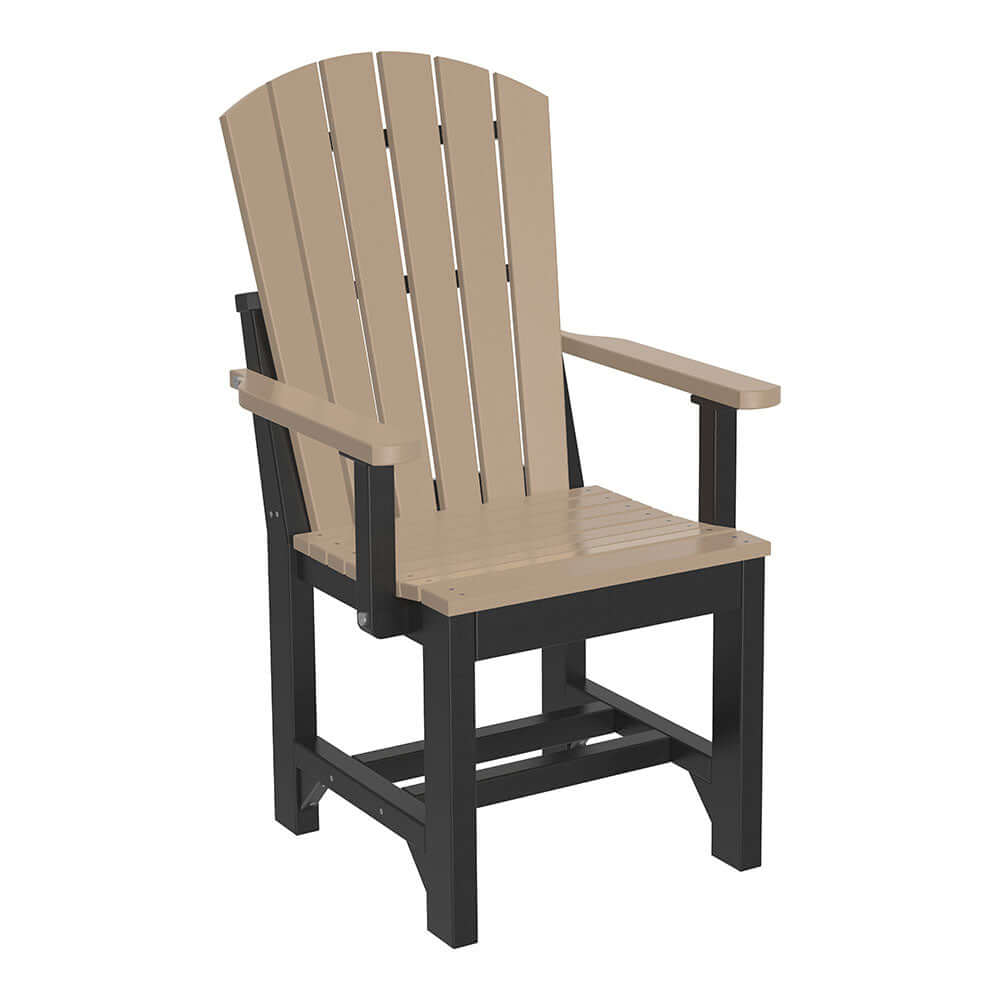 Weatherwood and black Adirondack arm chair, combining earth tones with a classic design, set on a white backdrop.