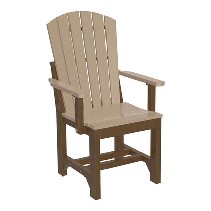 Combination of weatherwood and chestnut brown in an Adirondack arm chair with slat back, displayed on a white background.