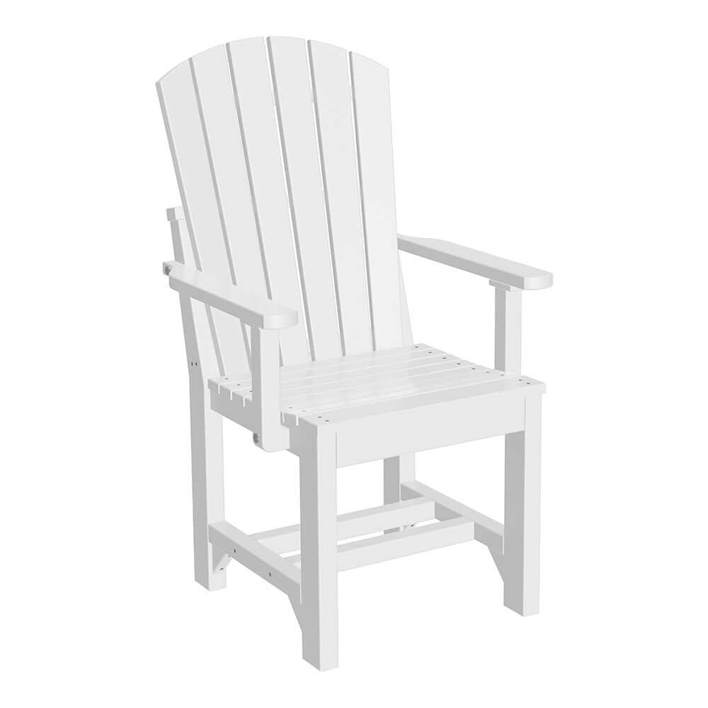 Crisp white Adirondack arm chair featuring a vertical slat back and wide armrests for comfortable seating, against a plain background.