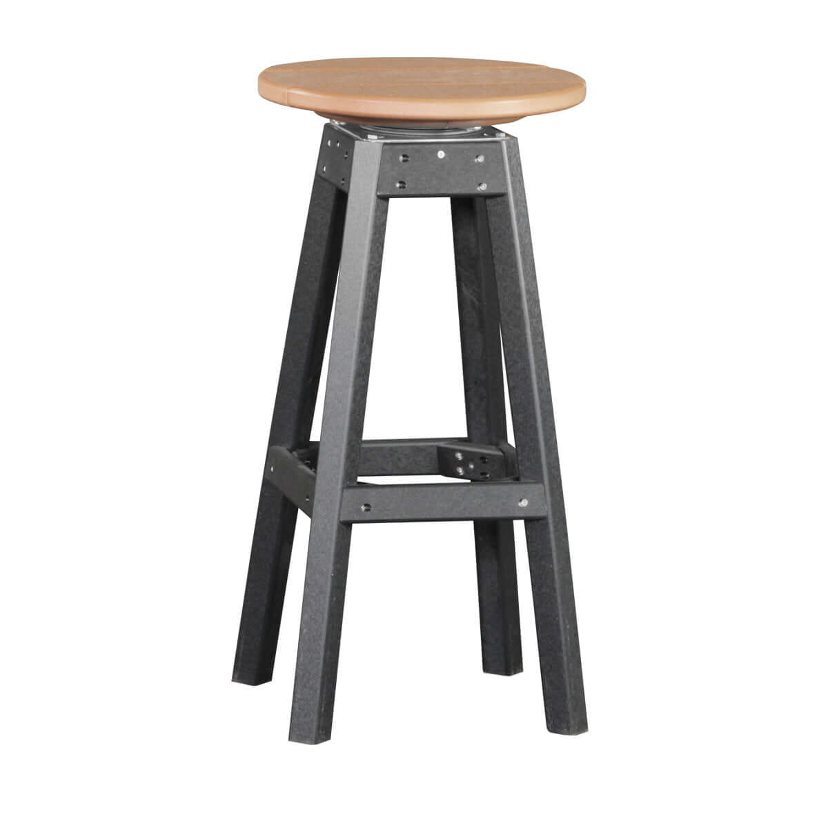 Cedar and black Poly Lumber Outdoor Bar Stool, highlighting the sturdy construction and Amish craftsmanship.