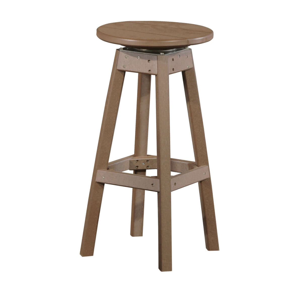 Poly Lumber Outdoor Bar Stool next to a pool, featuring a heavy-duty 360° swivel, in chestnut brown color.