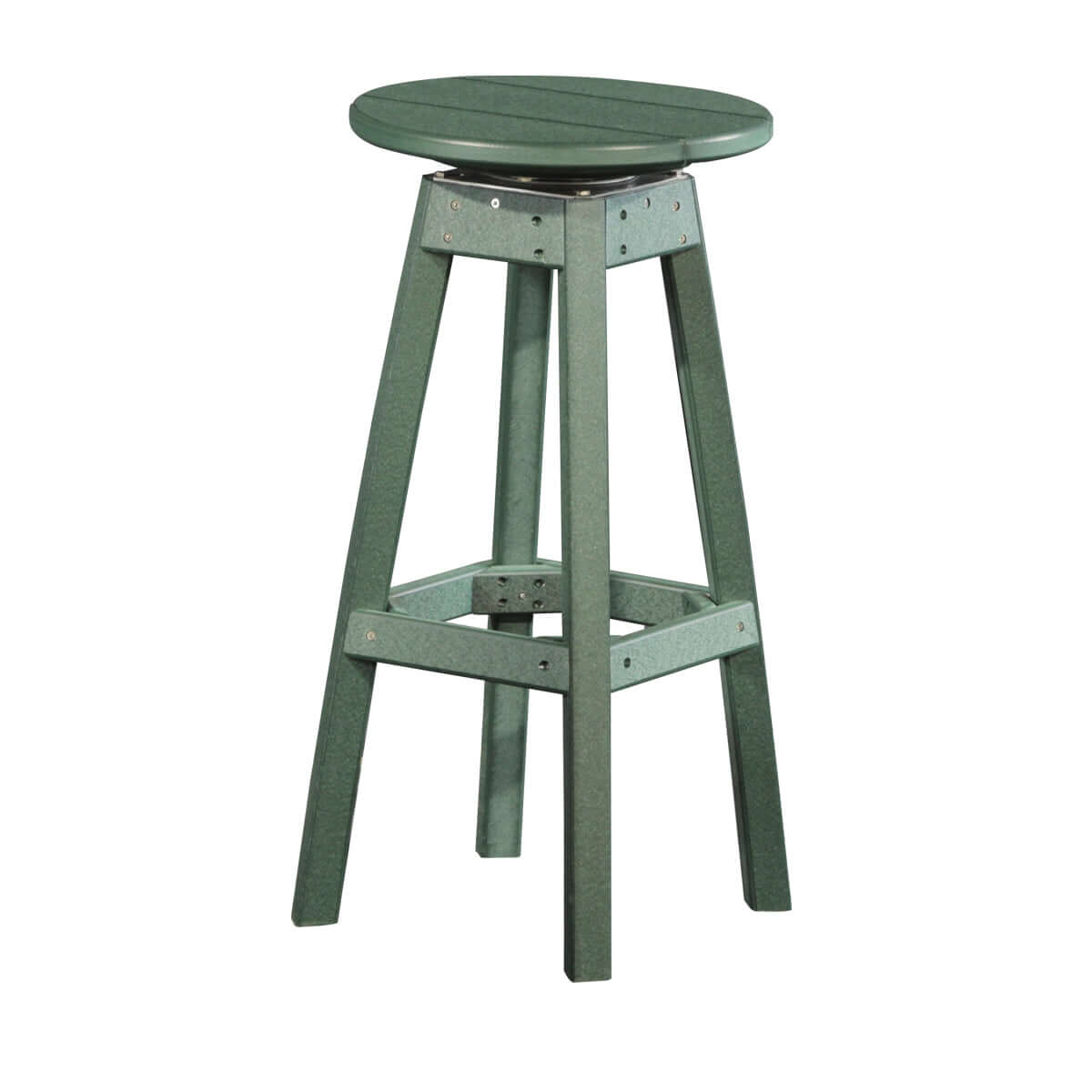 Green Poly Lumber Outdoor Bar Stool highlighting eco-friendly materials and 360° swivel for versatile outdoor seating.