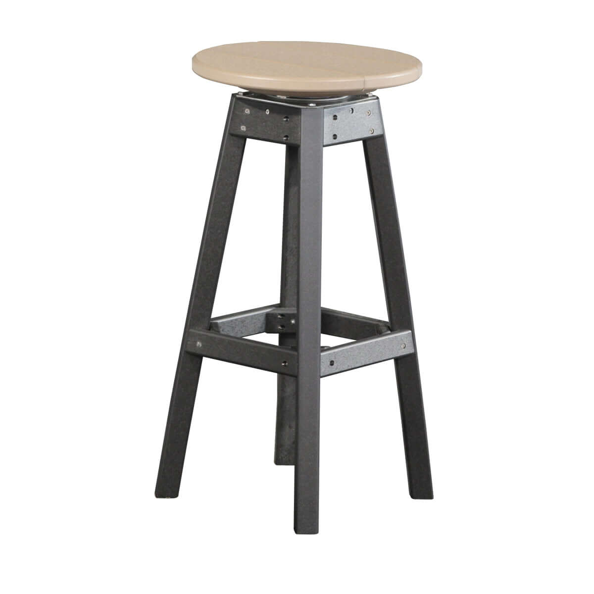 Weatherwood & Black Poly Lumber Outdoor Bar Stool with heavy-duty swivel and premium poly lumber construction.