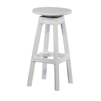 White Poly Lumber Outdoor Bar Stool with a sleek design, durable poly lumber, and 360° swivel mechanism.