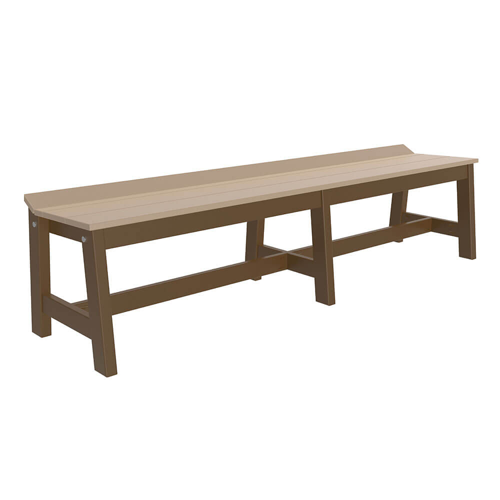 LuxCraft Poly Cafe Dining Bench in a blend of weatherwood and chestnut brown tones, presented on a clean white background highlighting the bench's subtle color contrast and sturdy construction.