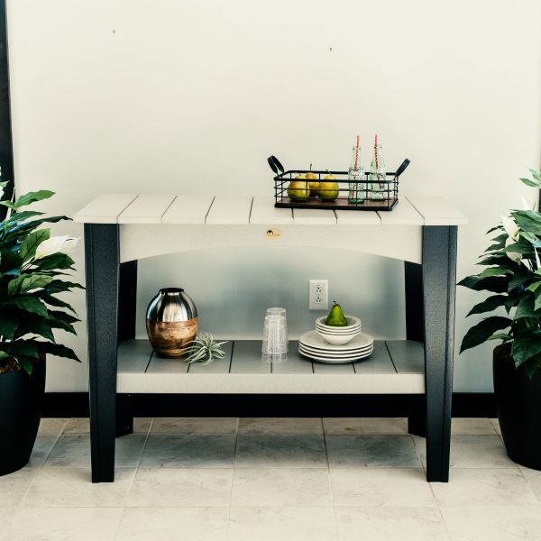 LuxCraft Island Buffet Table in Weatherwood and Black, perfect for outdoor entertaining, with sleek modern design.