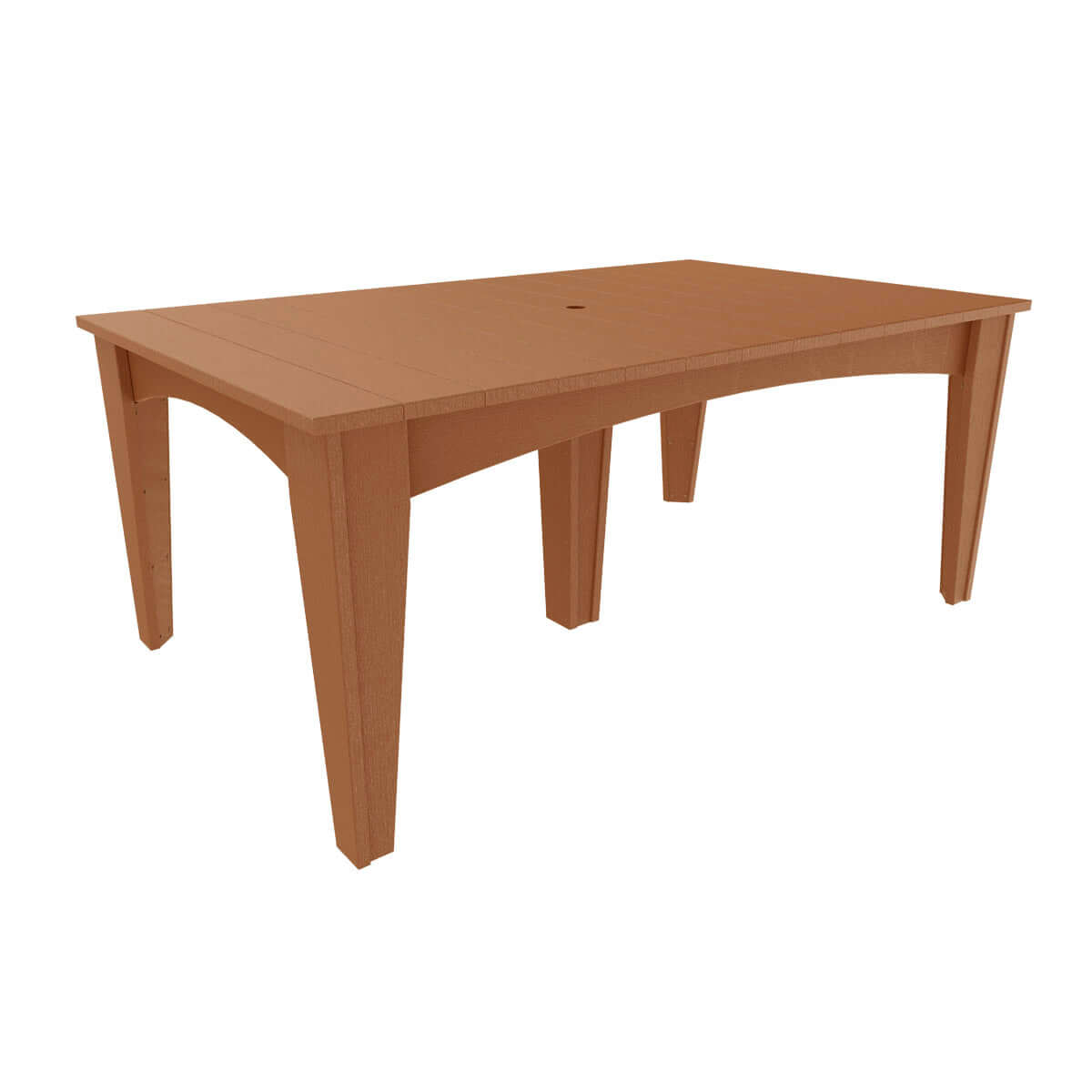 Antique Mahogany Island Poly Wood Dining Table, featuring a spacious 72-inch by 44-inch top and contemporary design, set up for outdoor dining.