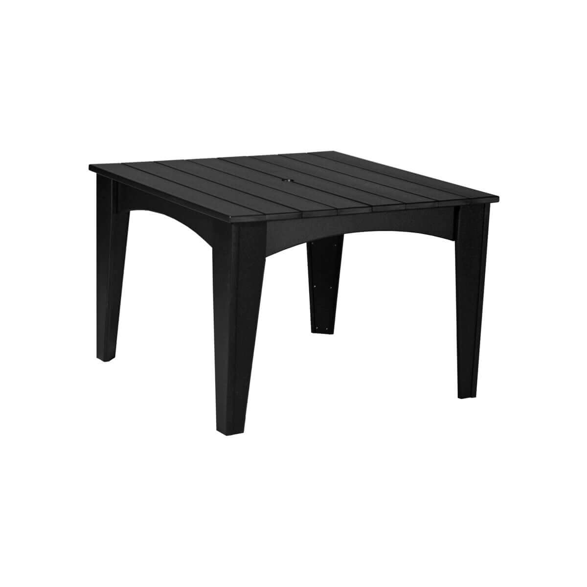 Elegant square outdoor dining table with a solid black slatted top and sturdy black legs.