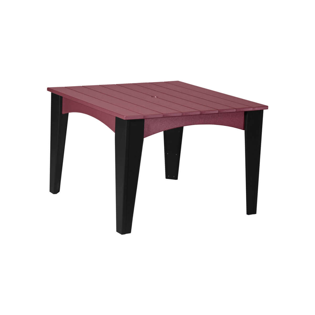 Square outdoor dining table with a cherrywood slatted top and contrasting black legs, perfect for garden settings.