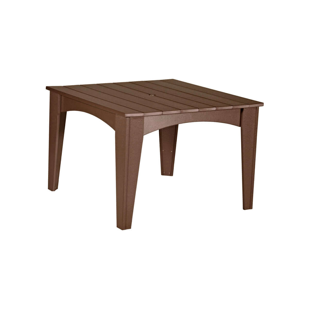 Square dining table featuring a chestnut brown slatted top and matching legs, ideal for patio dining.