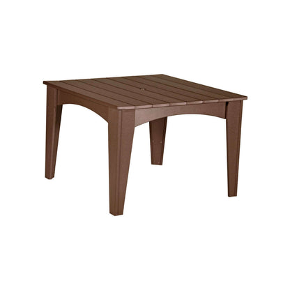 Square dining table featuring a chestnut brown slatted top and matching legs, ideal for patio dining.