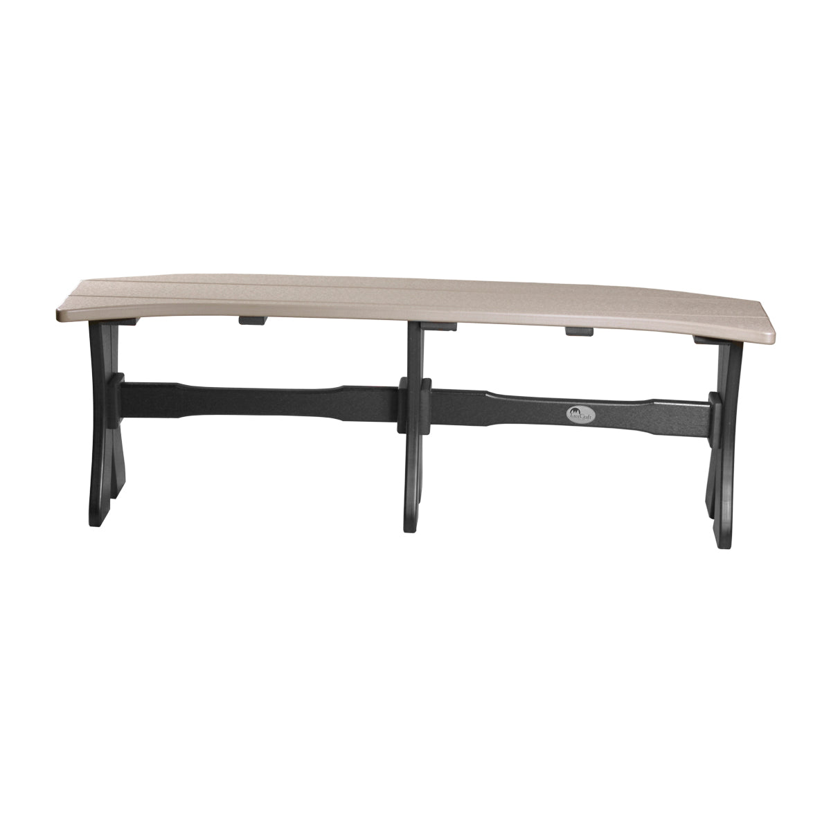 LuxCraft weatherwood and black poly table bench, designed for comfortable outdoor seating as part of a dining set.