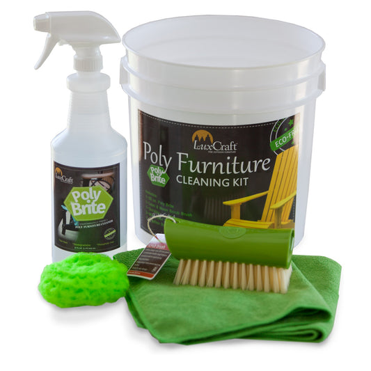 LuxCraft Poly-Brite cleaning kit including 32 oz. cleaner, scrub brush, microfiber cloths, and bucket for outdoor furniture.