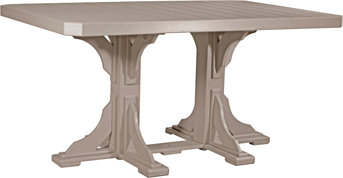 Weatherwood rectangular outdoor counter height table with a sturdy pedestal base.