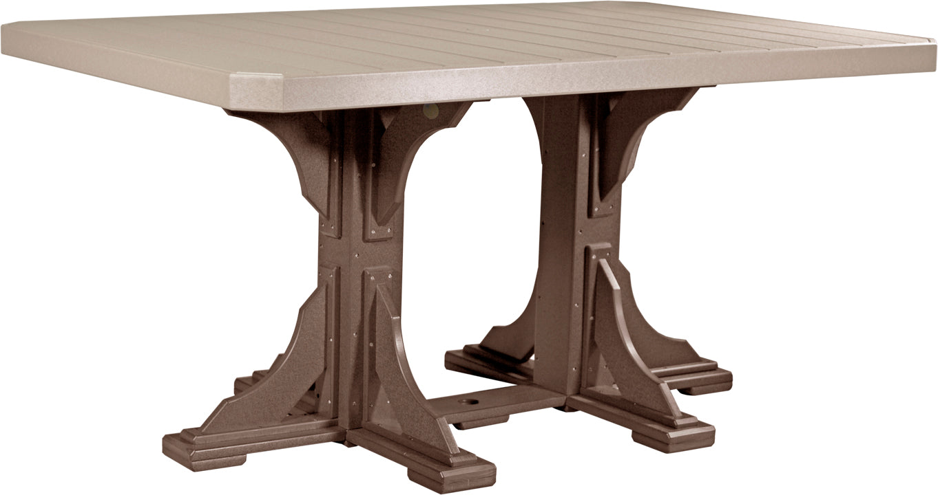 Weatherwood & Chestnut Brown rectangular patio counter table, seats six, made from poly lumber.